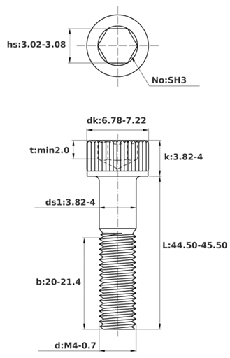 Bản vẽ kỹ thuật Lục Giác Chìm Đầu Trụ Thép Đen 12.9 DIN912 M4x45 Ren Lửng