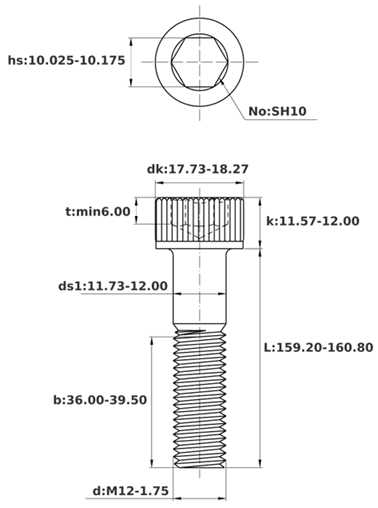 Bản vẽ kỹ thuật Lục Giác Chìm Đầu Trụ Thép Đen 12.9 DIN912 M12x160 Ren Lửng