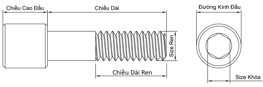 Bản vẽ kỹ thuật Lục Giác Chìm Đầu Trụ Inox 304 UNC #2-56 x 1.1/2 Ren Lửng
