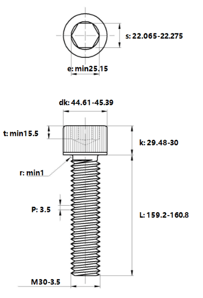 Bản vẽ kỹ thuật Lục Giác Chìm Đầu Trụ Thép Đen 12.9 DIN912 M30x160