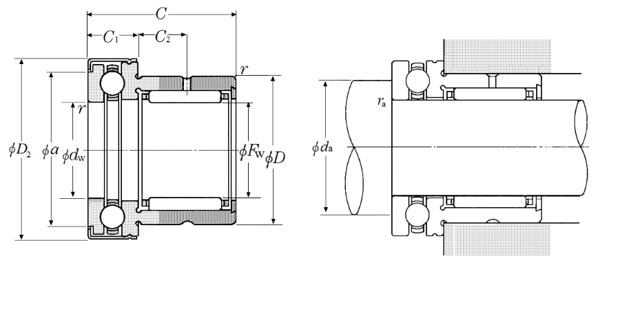 Bản vẽ kỹ thuật Vòng Bi Kim Kết Hợp Cầu Chặn Trục 17 x30 x25 mm NTN NKX17T2