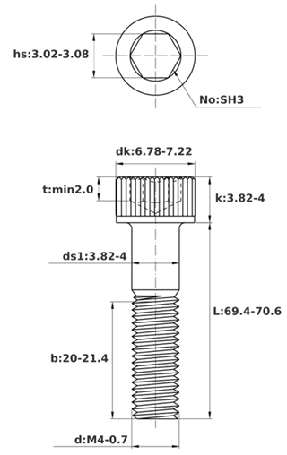Bản vẽ kỹ thuật Lục Giác Chìm Đầu Trụ Thép Đen 12.9 DIN912 M4x70 Ren Lửng