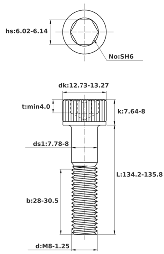 Bản vẽ kỹ thuật Lục Giác Chìm Đầu Trụ Thép Đen 12.9 DIN912 M8x135 Ren Lửng