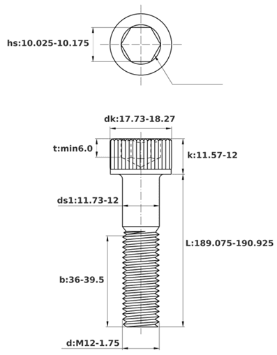 Bản vẽ kỹ thuật Lục Giác Chìm Đầu Trụ Thép Đen 12.9 DIN912 M12x190 Ren Lửng