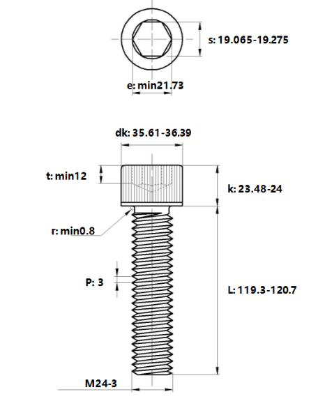 Bản vẽ kỹ thuật Lục Giác Chìm Đầu Trụ Thép Đen 12.9 DIN912 M24x120