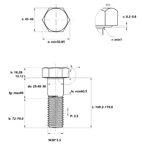 Bản vẽ kỹ thuật Bulong Thép Đen 8.8 DIN931 M30x170 Ren Lửng