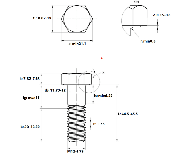 Bản vẽ kỹ thuật Bulong Thép Đen 8.8 DIN931 M12x45 Ren Lửng