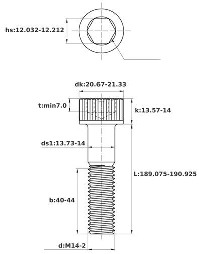 Bản vẽ kỹ thuật Lục Giác Chìm Đầu Trụ Thép Đen 12.9 DIN912 M14x190 Ren Lửng
