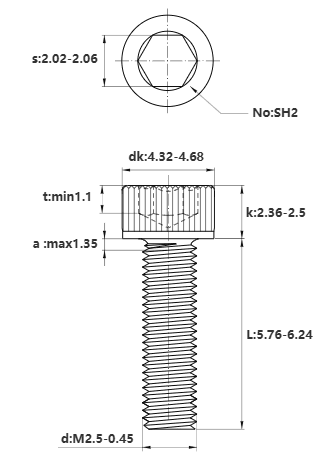 Bản vẽ kỹ thuật Lục Giác Chìm Đầu Trụ Thép Đen 12.9 DIN912 M2.5x6