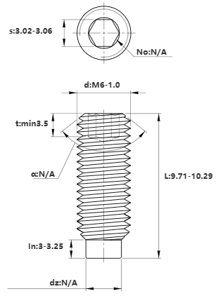 Bản vẽ kỹ thuật Vít Trí Đuôi Trụ Thép Đen 10.9 DIN915 M6x10