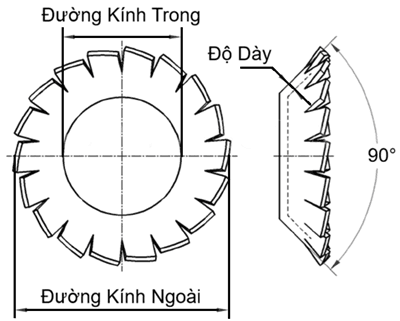 Bản vẽ kỹ thuật Lông Đền Răng Ngoài Loại V Thép Mạ Kẽm 4.8 DIN6798V M12