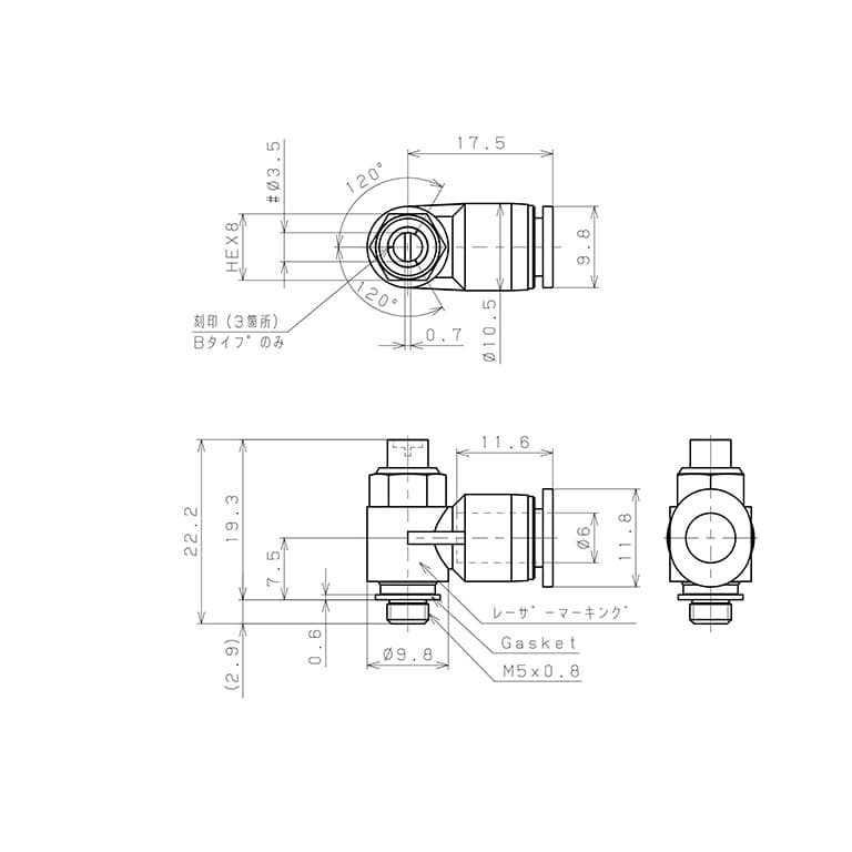 Bản vẽ kỹ thuật Van Tiết Lưu Khí Nén Đầu Vít Dẹp Pisco JSDC6-M5A