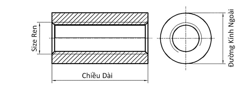 Bản vẽ kỹ thuật Ống Nối Ty Ren Inox 304 M6x30