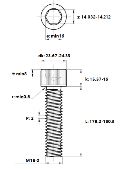 Bản vẽ kỹ thuật Lục Giác Chìm Đầu Trụ Thép Đen 12.9 DIN912 M16x180