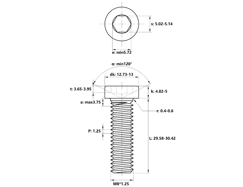 Bản vẽ kỹ thuật Lục Giác Trụ Đầu Thấp Inox 304 DIN7984 M8x30