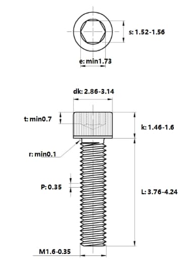 Bản vẽ kỹ thuật Lục Giác Chìm Đầu Trụ Inox 304 DIN912 M1.6x4