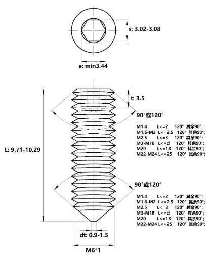 Bản vẽ kỹ thuật Vít Trí Đuôi Nhọn Thép Đen 10.9 DIN914 M6x10