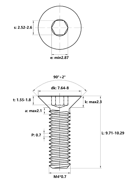Bản vẽ kỹ thuật Lục Giác Chìm Col Thép Đen 10.9 DIN7991 M4x10