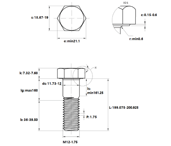 Bản vẽ kỹ thuật Bulong Thép Đen 8.8 DIN931 M12x200 Ren Lửng