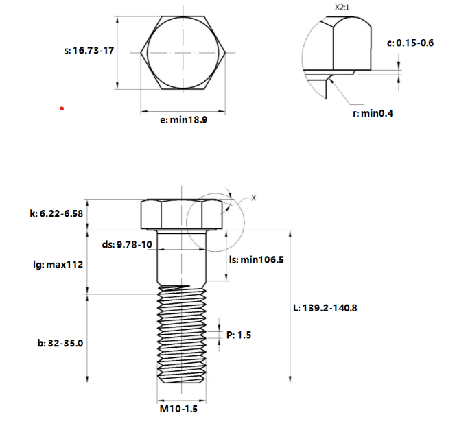 Bản vẽ kỹ thuật Bulong Thép Đen 8.8 DIN931 M10x140 Ren Lửng