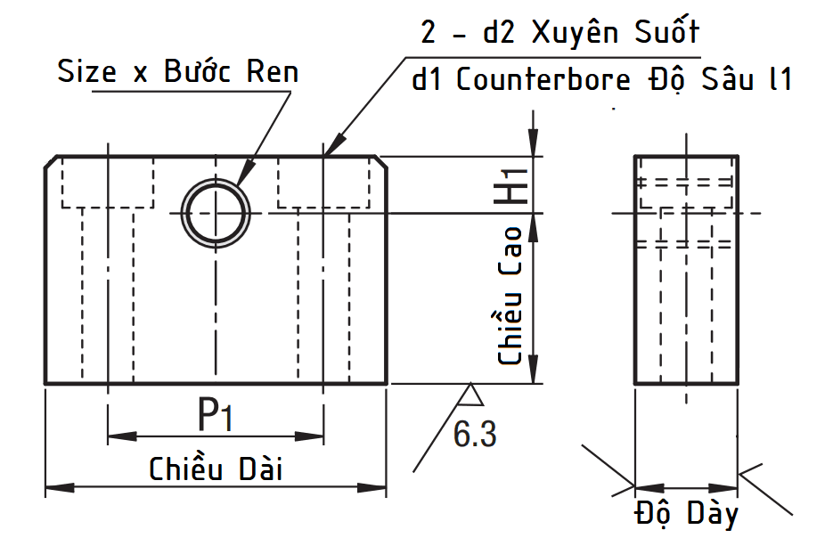 Bản vẽ kỹ thuật Threaded Stopper Blocks-Counterbored Holes - Coarse TSB4-5