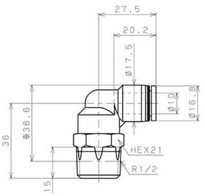 Bản vẽ kỹ thuật Đầu Nối Nhanh Khí Nén Cong 90° Phi 10mm Ren Ngoài R1/2 Pisco PL10-04