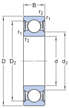 Bản vẽ kỹ thuật Vòng Bi Cầu Rãnh Sâu SKF 61905-2RS1 (25x42x9) Phốt Cao Su NBR Tiếp Xúc (Hai Bên)