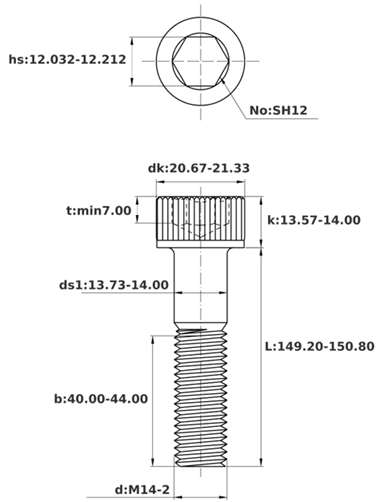Bản vẽ kỹ thuật Lục Giác Chìm Đầu Trụ Thép Đen 12.9 DIN912 M14x150 Ren Lửng