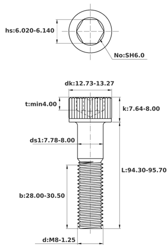 Bản vẽ kỹ thuật Lục Giác Chìm Đầu Trụ Thép Đen 12.9 DIN912 M8x95 Ren Lửng