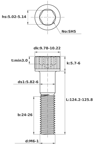 Bản vẽ kỹ thuật Lục Giác Chìm Đầu Trụ Thép Đen 12.9 DIN912 M6x125 Ren Lửng