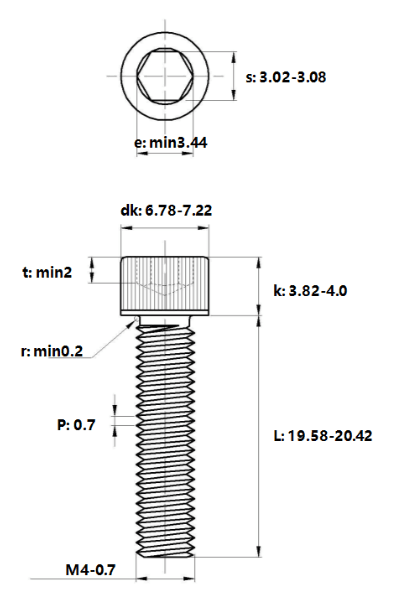 Bản vẽ kỹ thuật Lục Giác Chìm Đầu Trụ Thép Đen 12.9 DIN912 M4x20