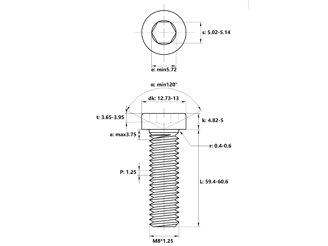 Bản vẽ kỹ thuật Lục Giác Trụ Đầu Thấp Inox 304 DIN7984 M8x60