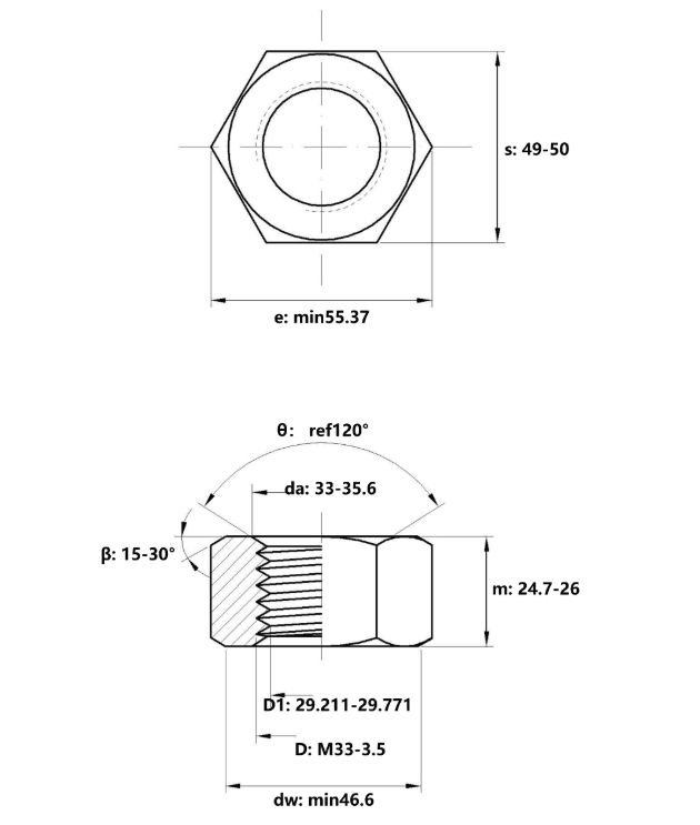 Bản vẽ kỹ thuật Tán Thép Nhúng Nóng Kẽm 8.8 DIN934 M33