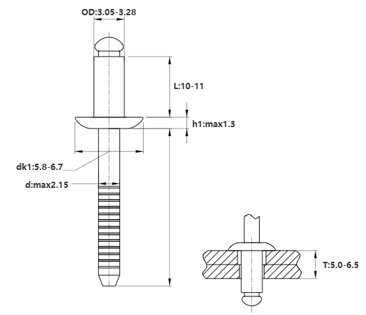 Bản vẽ kỹ thuật Rivet Inox 304 OD3.2x10mm (1000 Cái)