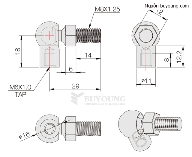 Bản vẽ kỹ thuật Linh kiện gá ty hơi thép S20C Buyoung 26x20 BY4-235-BALL-BT