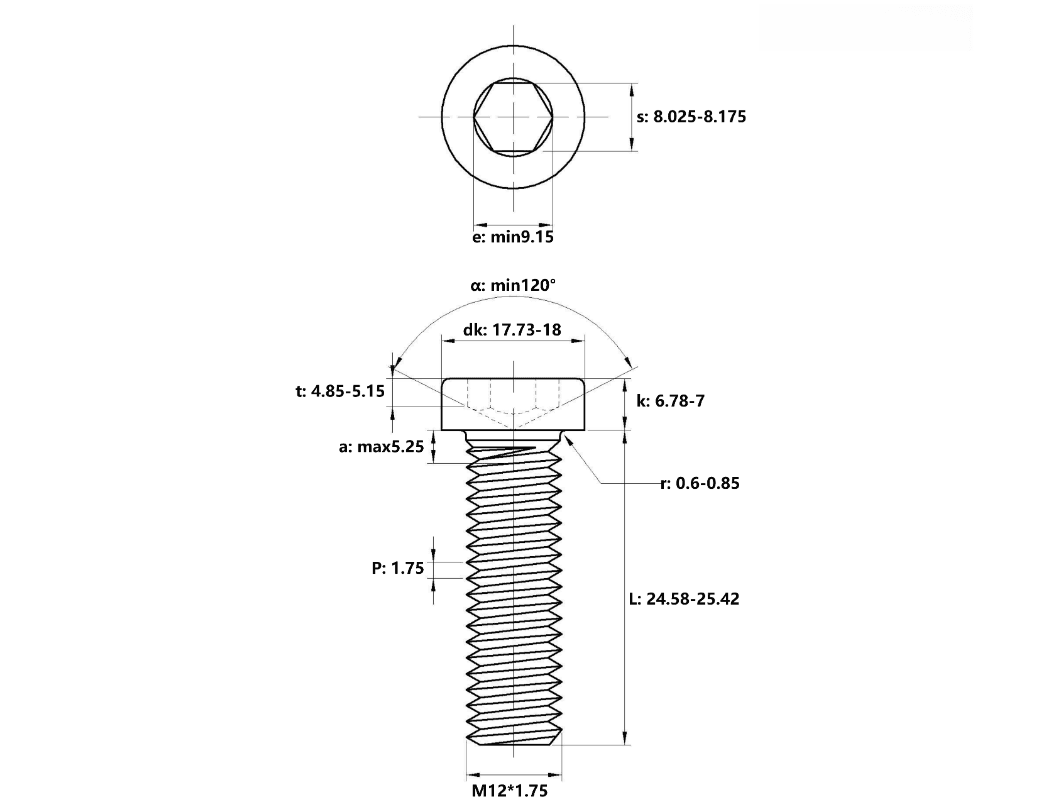 Bản vẽ kỹ thuật Lục Giác Trụ Đầu Thấp Inox 304 DIN7984 M12x25