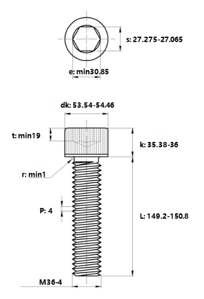 Bản vẽ kỹ thuật Lục Giác Chìm Đầu Trụ Thép Đen 12.9 DIN912 M36x150
