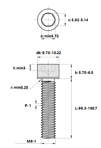 Bản vẽ kỹ thuật Lục Giác Chìm Đầu Trụ Thép Đen 12.9 DIN912 M6x100