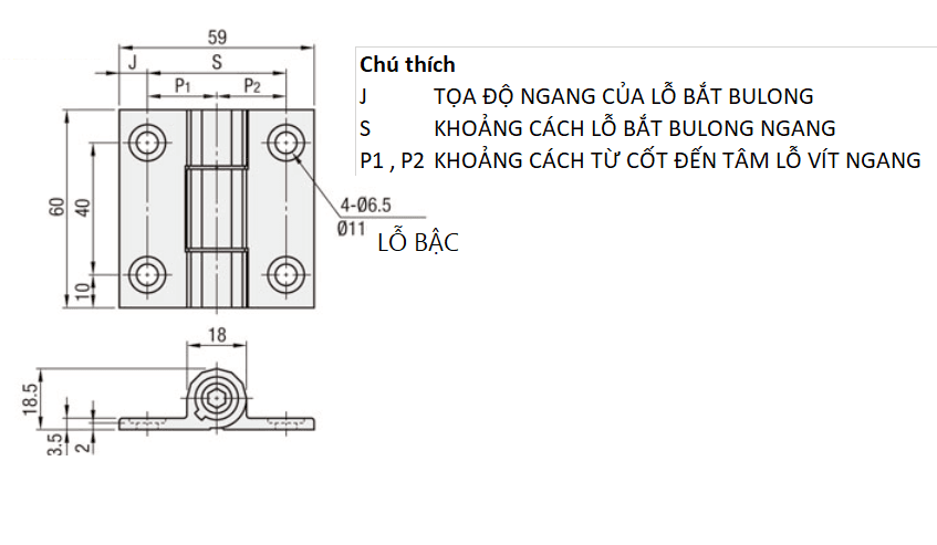 Bản vẽ kỹ thuật Bản Lề Lò Xo Moment Xoắn (Có Thể Điều Chỉnh) Nhôm Hợp Kim Mạ Anodized Đen (HHPTFB6) L 60 mm
