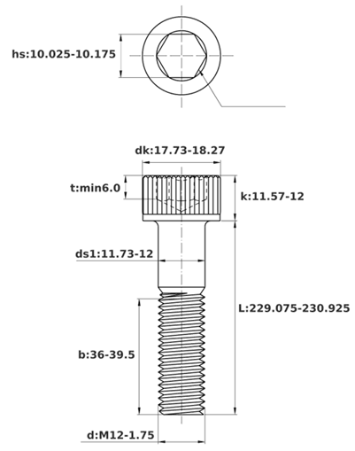 Bản vẽ kỹ thuật Lục Giác Chìm Đầu Trụ Thép Đen 12.9 DIN912 M12x230 Ren Lửng