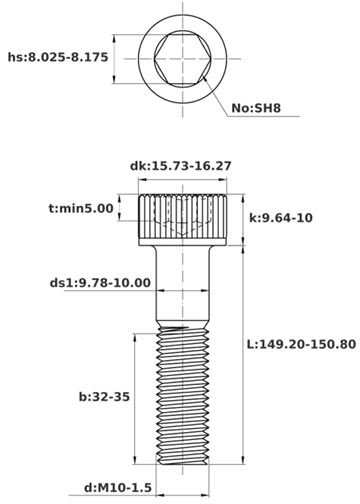 Bản vẽ kỹ thuật Lục Giác Chìm Đầu Trụ Thép Đen 12.9 DIN912 M10x150 Ren Lửng