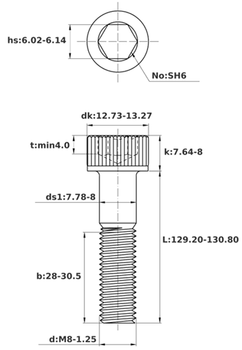 Bản vẽ kỹ thuật Lục Giác Chìm Đầu Trụ Thép Đen 12.9 DIN912 M8x130 Ren Lửng