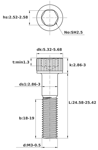 Bản vẽ kỹ thuật Lục Giác Chìm Đầu Trụ Thép Mạ Kẽm 12.9 DIN912 M3x25 Ren Lửng (50Cái/Bịch)