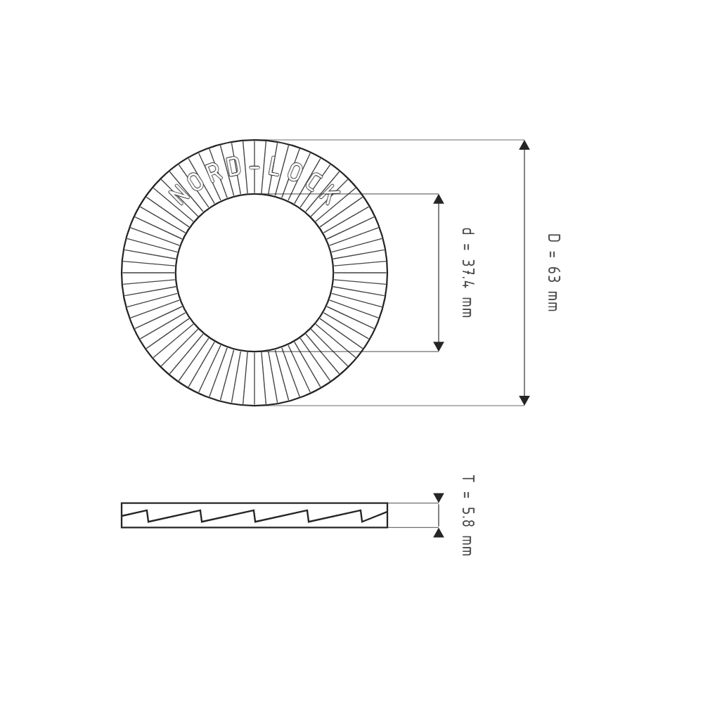 Bản vẽ kỹ thuật Lông Đền Nord-Lock Thép Mạ Zinc Flake Vành Rộng M36