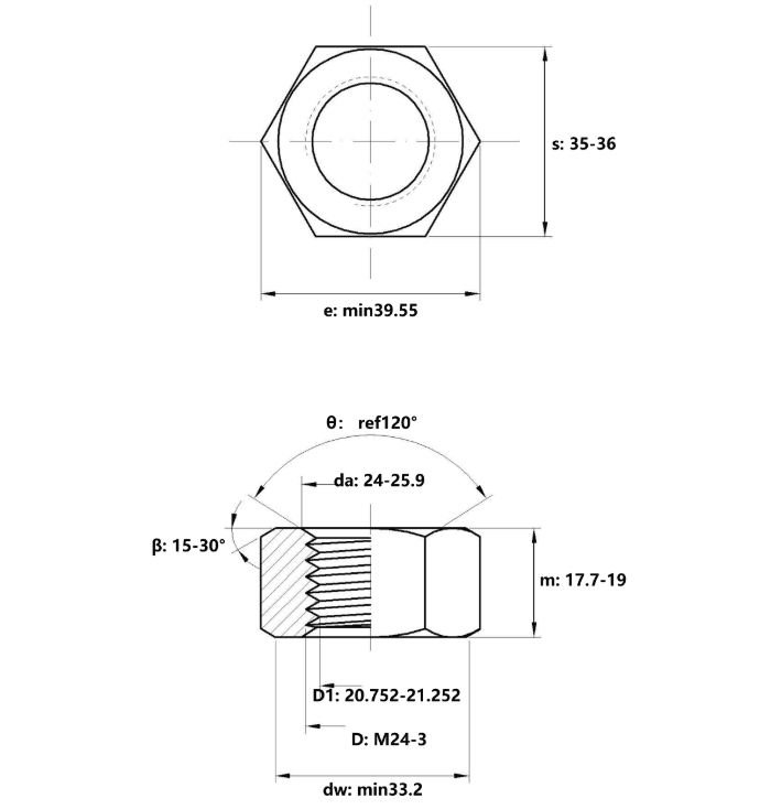 Bản vẽ kỹ thuật Tán Thép Nhúng Nóng Kẽm 10.9 DIN934 M24