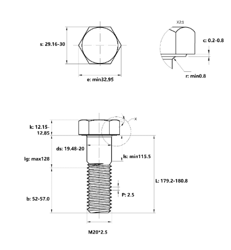 Bản vẽ kỹ thuật Bulong Thép Đen 8.8 DIN931 M20x180 Ren Lửng