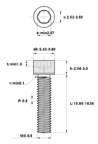 Bản vẽ kỹ thuật Lục Giác Chìm Đầu Trụ Thép Mạ Kẽm Trắng Cr3+ 12.9 DIN912 M3x16