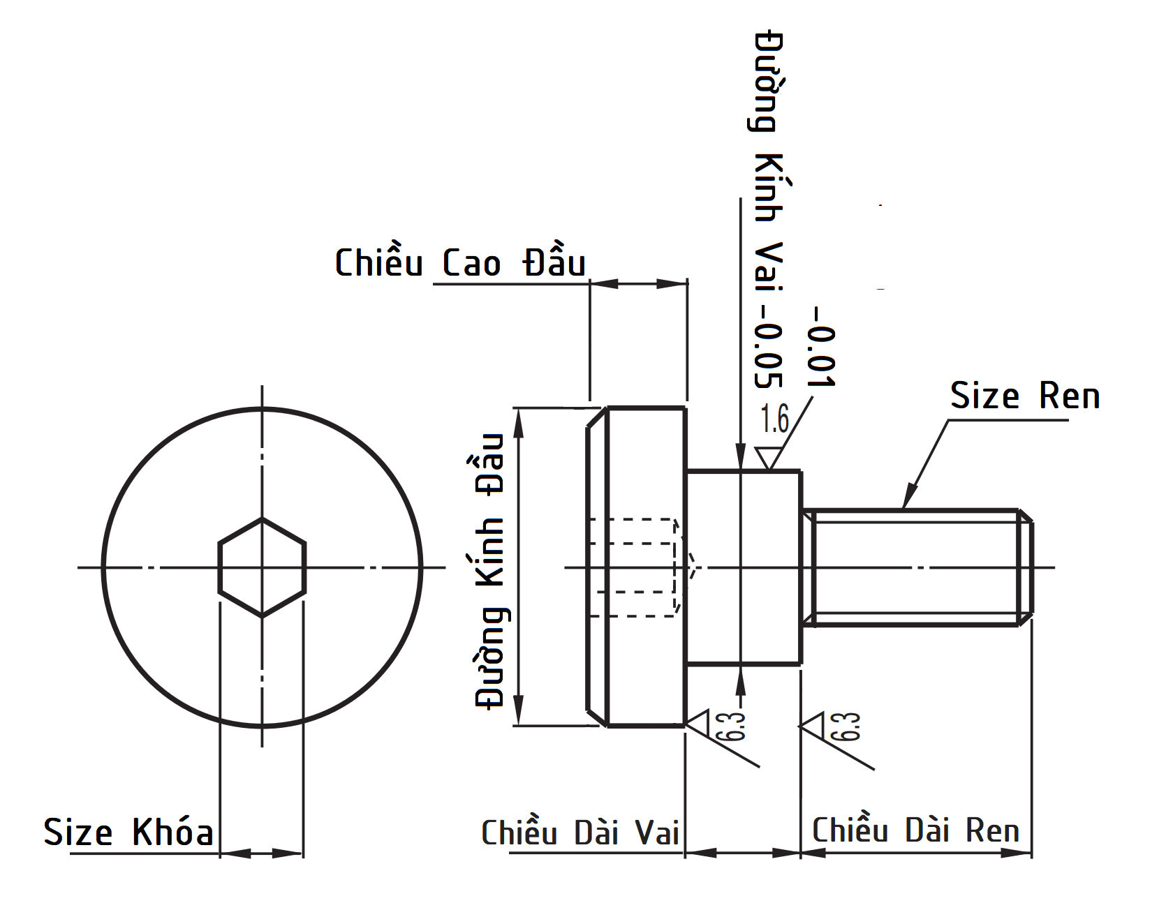 Bản vẽ kỹ thuật Bulong Vai Lục Giác D5x2 CBDR5-2