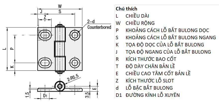 Bản vẽ kỹ thuật Bản Lề Lá Có Lỗ Ovan Nhôm Hợp Kim Mạ Anodized Trắng (HHPSNA5) L 47 mm
