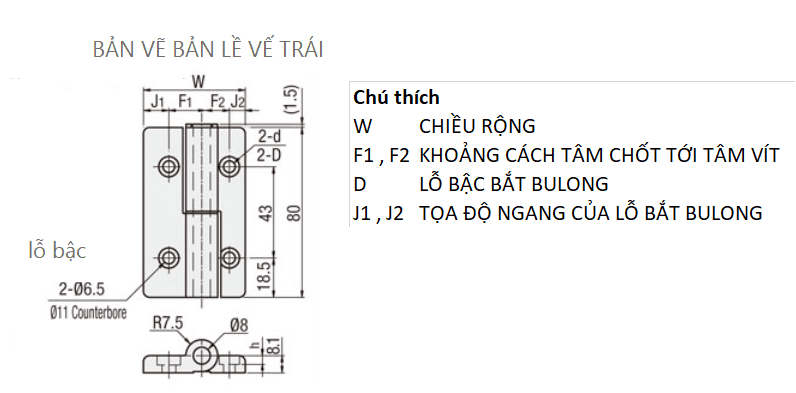 Bản vẽ kỹ thuật Bản Lề Tháo Rời Phải Nhôm Hợp Kim Bắn Cát (HHPNDRK6-5) L 80 mm